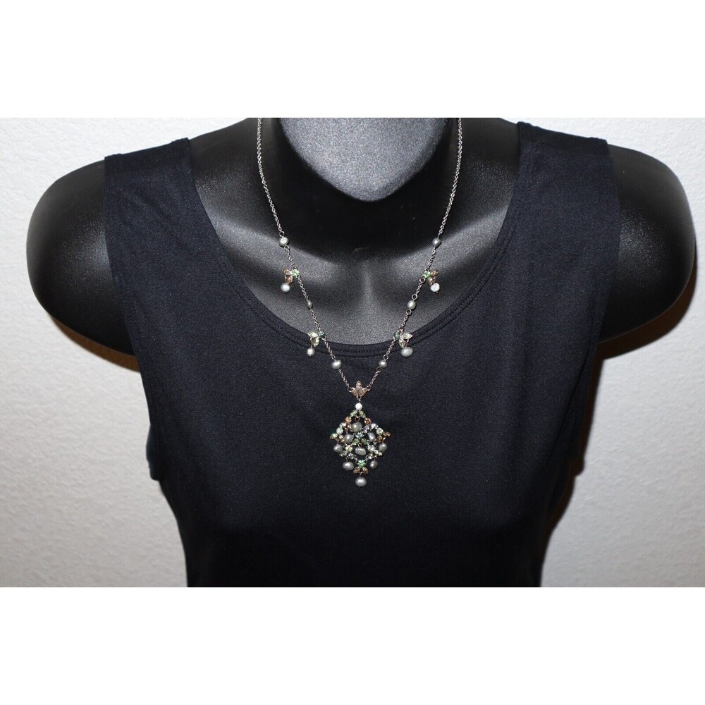 Vtg Necklace Faux Pearls Silver Tone Green Brwn Rhinestones Dangle Pendant 18"+